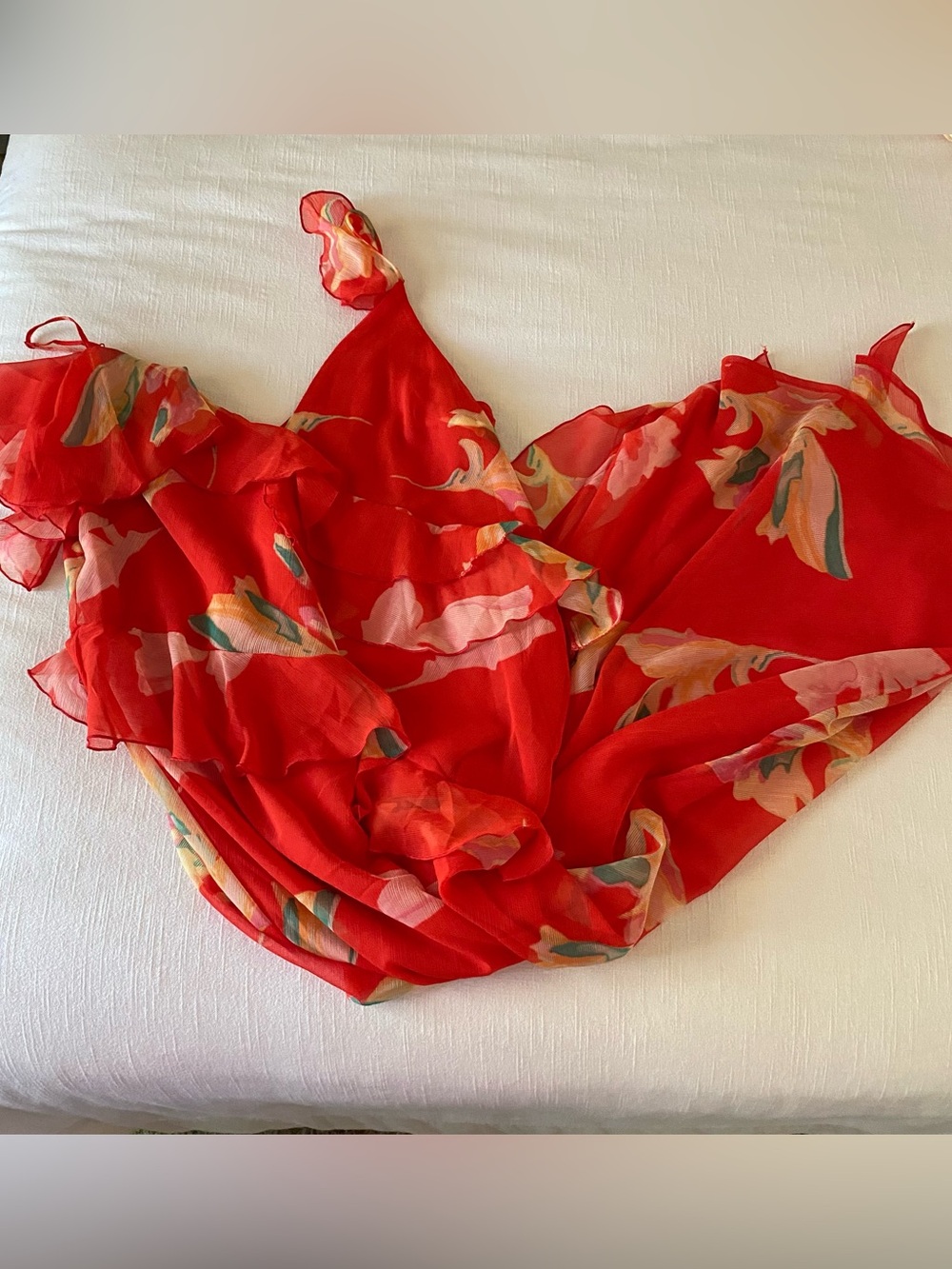 Red Floral Midi Dress with Ruffle Details